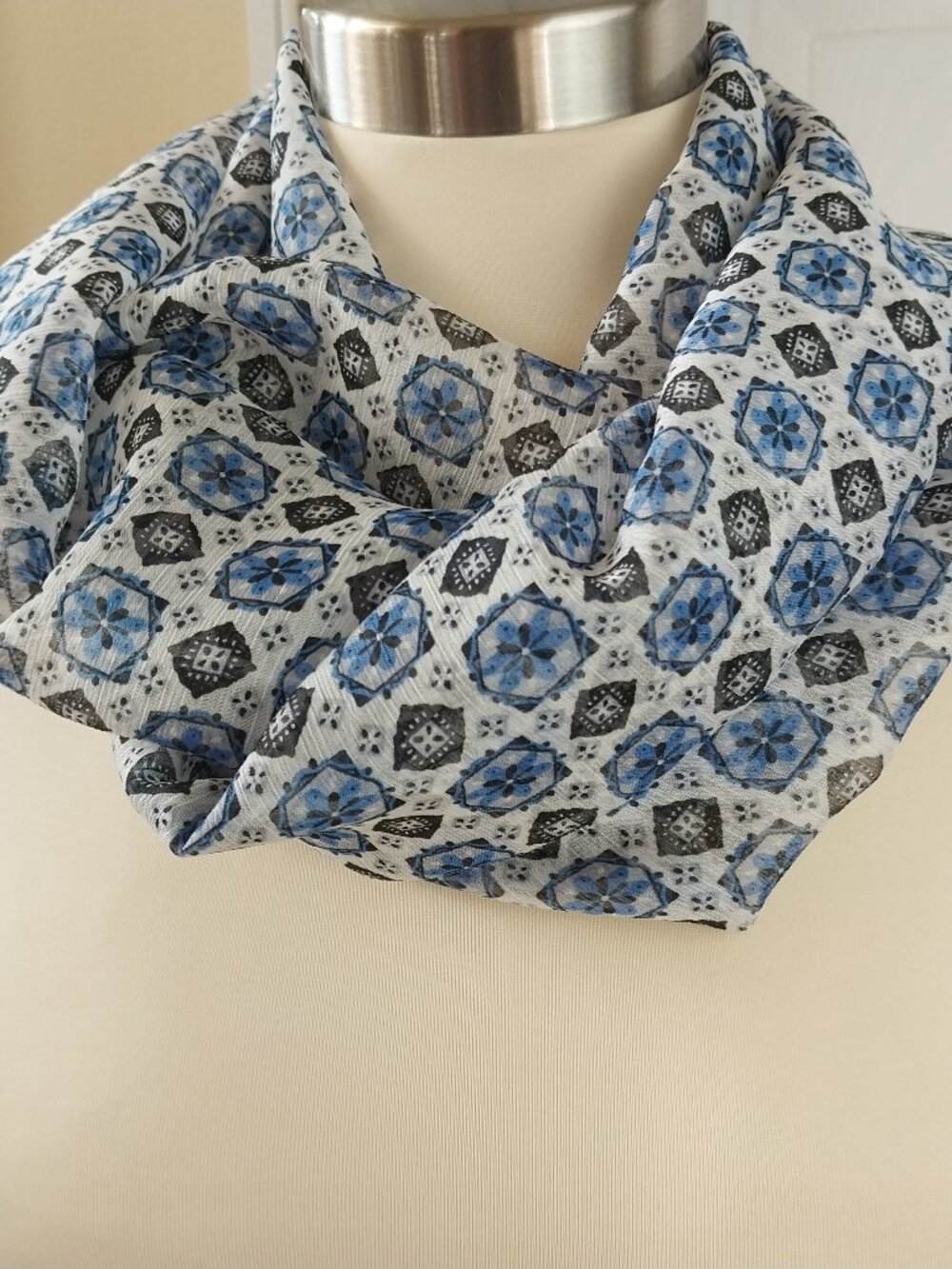 Blue and White Print Infinity Scarf, Lightweight Chiffon Shawl